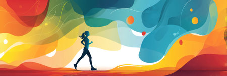 A joyful woman is jogging energetically under the warm sun, surrounded by a colorful abstract background that represents health and vitality.の素材