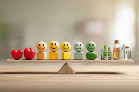 A unique scale displays vibrant icons that symbolize happiness and wellness, featuring joyful faces and items promoting vitality like fruits and beverages.の素材