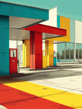 A fuel station features a pop-art style design in bright primary colors, showing a modern aesthetic that attracts attention in a bustling urban environment.の素材