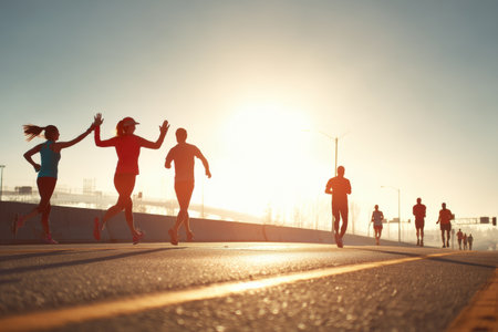 Runners share a high-five while moving along a roadway during early morning hours, illuminated by the warm glow of the rising sun.の素材