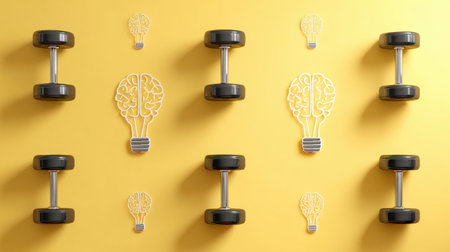 A brain icon is seen lifting dumbbells on a bright yellow background, symbolizing the importance of mental training and fitness in everyday life.の素材