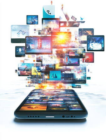 Smartphone emits a multitude of multimedia elements, showing various digital content streams in an engaging and colorful display.の素材