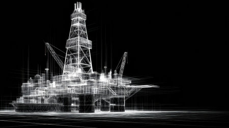 Visual representation of a 3D wireframe model depicting an oil rig on a black background, emphasizing its architectural complexity and engineering.の素材