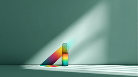 A rainbow-colored inhaler drifts gently on a mint backdrop, radiating soft light and creating a spectrum of colorful shadows across the surface.の素材