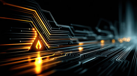 Vivid circuit lines illuminate the petrol symbol, representing energy technologies innovation and modernity in a dark setting.の素材