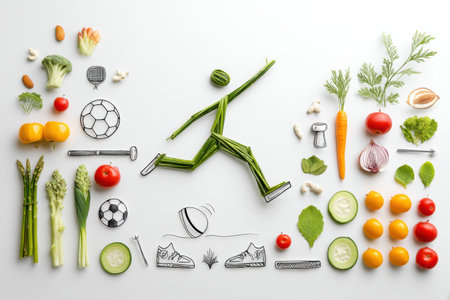 A lively artwork depicts a jumping figure made of vegetables and sports icons, promoting a fun and healthy lifestyle.の素材