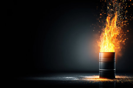 Bright flames erupt from an oil barrel, highlighting issues of energy consumption and environmental impact amidst a dark background, creating a dramatic effect.の素材