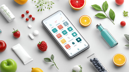 Health app interface showcases various features surrounded by fresh fruits and medicine icons, emphasizing the importance of nutrition and well-beingの素材