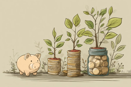 An illustration depicts a piggy bank with coins and plants, symbolizing financial growth and investment strategies for institutions.の素材