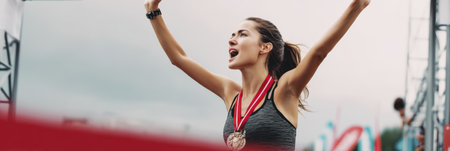 Runner crosses finish line with arms raised in triumph, holding a medal. The event takes place outdoors under a blue sky during a marathon.の素材