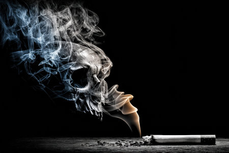 A broken cigarette lies on a surface, creating the shape of a skull with smoke spiraling upwards, illustrating the dangers of smoking and addiction.の素材