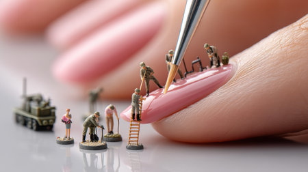 Tiny figures dressed in uniform expertly doing manicure work on a long, beautifully painted pink nail, showing detailed craftsmanship and precision.の素材