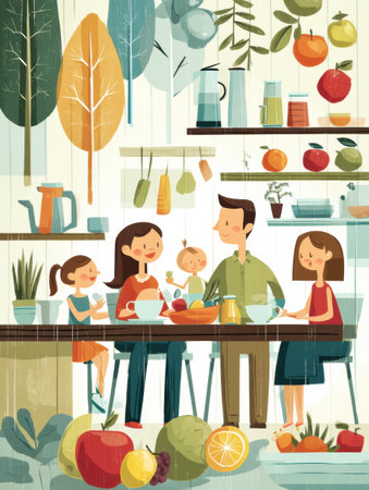 Family gathers around a table enjoying a healthy meal surrounded by colorful food icons and natural decorations in a vibrant kitchen.の素材