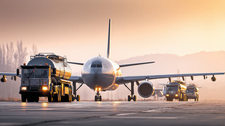 Aircraft being refueled by an oil truck at an airport during the early morning hours, with scenic mountains visible in the background.の素材
