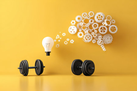 Dumbbells rest on a vibrant yellow surface while a brain graphic suspended above symbolizes mental strength and cognitive training, aiming for holistic health.の素材