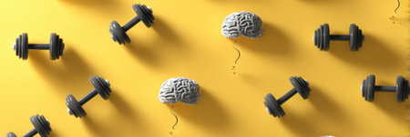 A brain is depicted lifting dumbbells against a sunny yellow background, representing mental workout and cognitive strength training in a vibrant setting.の素材