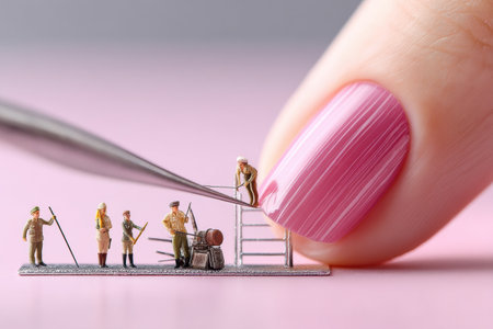 Tiny women in uniform focus on a meticulous manicure while balancing on a beautifully painted long pink nail in a creative composition.の素材