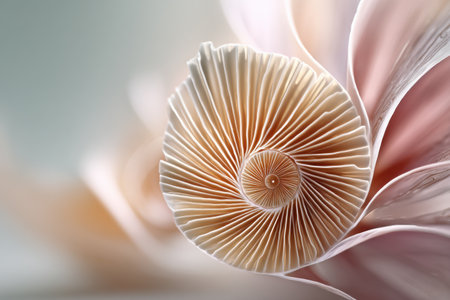 Exquisite spiral structure of a seashell highlighted by soft pastel colors, allowing for detailed observation of its intricate design and natural beautyの素材