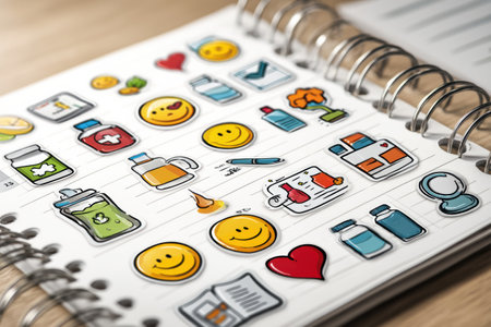 A vibrant calendar with stickers for healthy habits and smiley faces, motivating you to track wellness and positivity.の素材