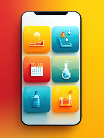 Bright gradient showcases a calendar app focused on fitness and hydration, featuring exercise and water emojis for daily health management.の素材