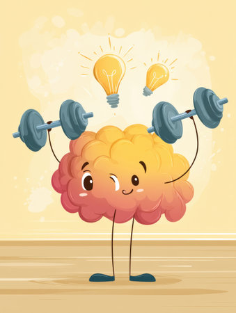 A joyful brain character lifts small weights while light bulbs hover above, symbolizing ideas and physical strength in a bright, uplifting setting.の素材