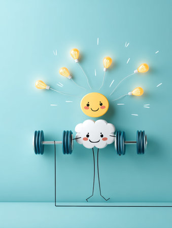 A joyful brain character lifts colorful weights while light bulbs glow overhead, creating a vibrant and energetic fitness atmosphere.の素材