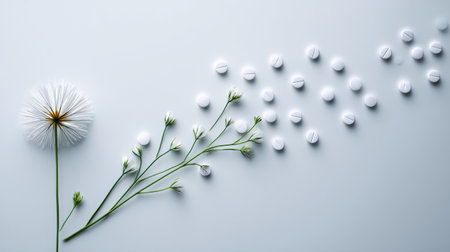 A clean, white pill takes the shape of a blooming flower, accompanied by a delicate branch.の素材