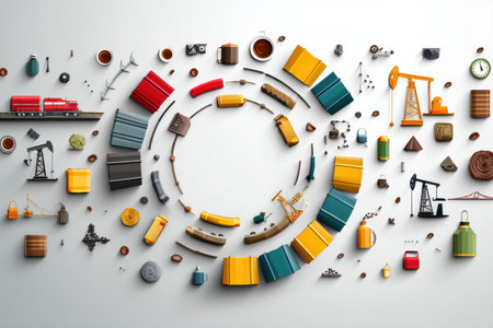 Various oil-related objects are meticulously arranged in a circular layout on a pristine white surface, showing the diversity of the oil industry.の素材
