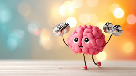 A playful brain is lifting light weights with a happy expression, showing a fun representation of fitness and mental health on a vibrant background.の素材