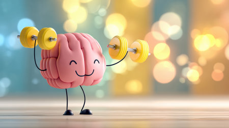 A joyful brain character is lifting light weights against a vibrant background, symbolizing the importance of fitness and mental well-being in a fun way.の素材
