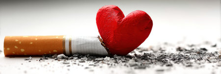 Cigarette stub rests against a red heart, showing the detrimental impact of smoking on health. The background reflects ashes and remnants of a harmful habit.の素材