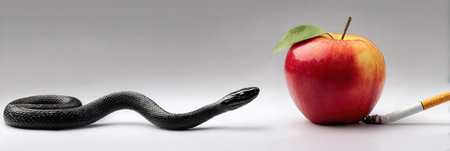 A black snake shaped from a cigarette winds around a shiny red apple, emphasizing the contrast between harmful habits and healthy choices in a symbolic display.の素材