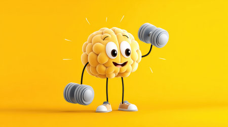 A joyful brain character is lifting light weights against a bright yellow background, symbolizing the importance of fitness and mental well-being in daily life.の素材
