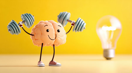 A cheerful cartoon brain lifts weights on a bright yellow background, highlighting the link between physical fitness and mental strength.の素材