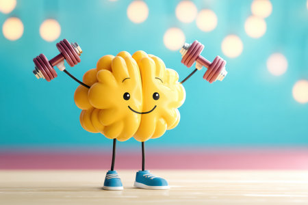 A cheerful brain character lifts light weights against a bright backdrop, embodying a fun and engaging approach to fitness and mental wellness.の素材