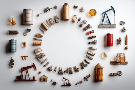 A well-organized circular layout features multiple oil-related items, depicting tools and equipment used in oil extraction and transportation processes.の素材