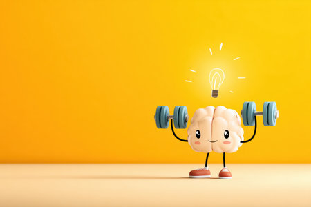A cheerful brain character successfully lifts light weights while standing on a vibrant yellow background, symbolizing creativity and fitness.の素材