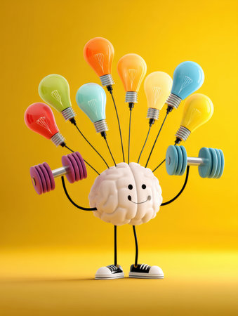 A happy brain is lifting light weights while holding colorful light bulbs in a bright setting, showing an uplifting and motivational atmosphere.の素材
