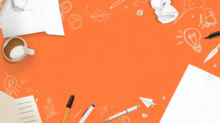 Bright orange background filled with paper sheets, planning pens, and sketches depicts a dynamic workspace for brainstorming and financial planningの素材