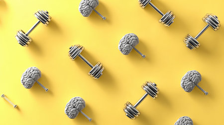 A bright yellow backdrop with brain-shaped dumbbells highlights the idea of mental fitness and the value of cognitive training for well-being.の素材