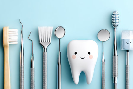 Clean dentist tools are showcased alongside a happy tooth character, promoting dental hygiene and the importance of regular check-ups in a bright setting.の素材