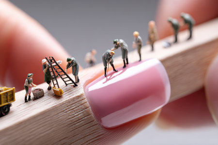 Tiny figures in uniform meticulously caring for a long pink nail, showing intricate details of nail art and miniature craftsmanship.の素材