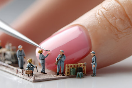 Tiny women in uniform carefully manicure a beautifully painted pink nail, showcasing intricate details and playful artistry in a whimsical scene.の素材