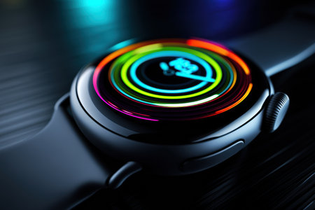 Glowing colorful rings on a modern fitness watch are visible, emphasizing physical activity tracking while placed on a clean, reflective surface at night.の素材