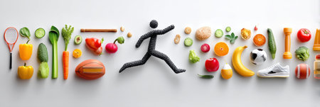 A fun composition uses a mix of vegetables and sports gear to illustrate a person joyfully jumping, highlighting fitness and healthy eating.の素材