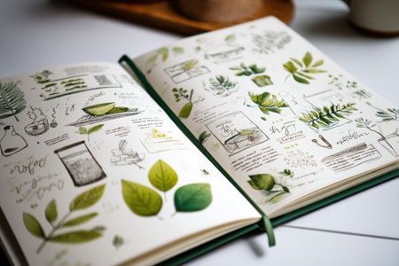 This wellness journal showcases beautifully illustrated leaf motifs and sketches of healthy meals, set on a tidy workspace with natural lighting.の素材