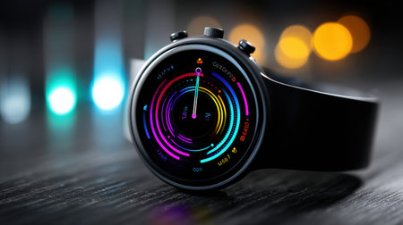Fitness watch features vibrant rings that glow, showcasing various health metrics amidst a sleek, modern design. Ideal for tracking activity in style.の素材
