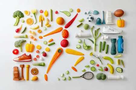 A unique arrangement features a jumping figure composed of various vegetables and sports equipment symbols, showing a blend of fitness and healthy eating.の素材