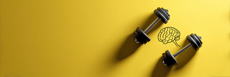 Brain engages in lifting dumbbells on a sunny yellow background, representing the importance of mental fitness and training for a balanced lifestyle.の素材