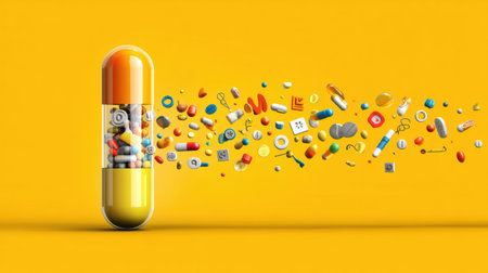A colorful capsule breaks open, releasing various wellness symbols and icons that float against a bright yellow background, creating a lively visual effectの素材